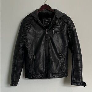 Loft the Original Slim Fit Men’s Black Faux Leather Bomber Moto Jacket Hoodie S